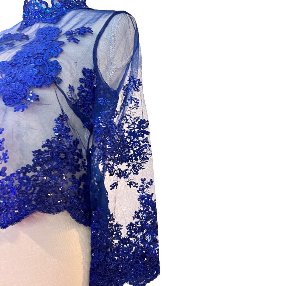 #A030   FT INC Royal Blue Lace Embroidered Sequin Sheer Top – Size XL – New - Picture 8 of 12